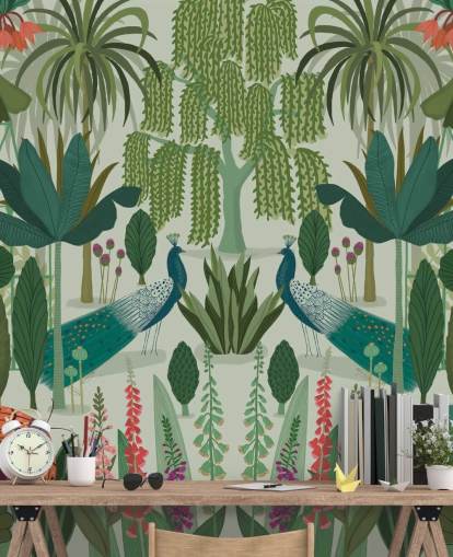 customisable green peacock wallpaper mural called Parc Parisian by Kate Merritt customisable green peacock wallpaper mural called Parc Parisian by Kate Merritt