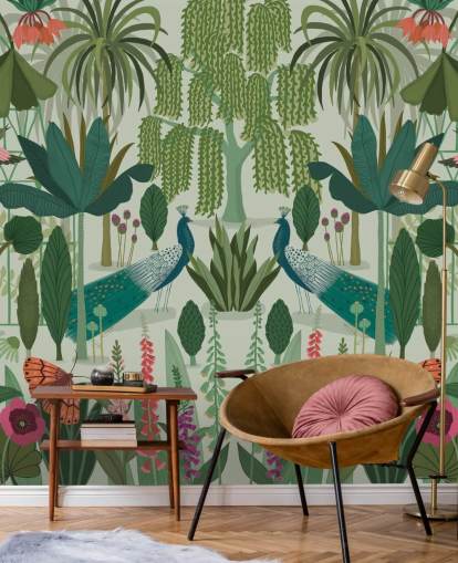 customisable green peacock wallpaper mural called Parc Parisian by Kate Merritt customisable green peacock wallpaper mural called Parc Parisian by Kate Merritt
