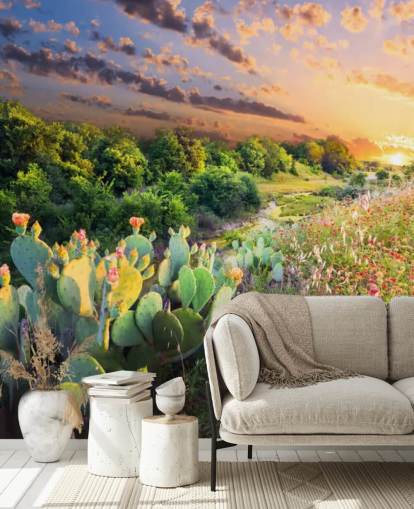 Cactus and Wildflowers at Sunset Wallpaper Mural Cactus and Wildflowers at Sunset Wallpaper Mural