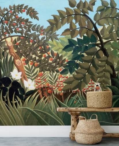 fargerikt kunsttapet veggmaleri kalt Exotic Landscape av Henri Rousseau fargerikt kunsttapet veggmaleri kalt Exotic Landscape av Henri Rousseau