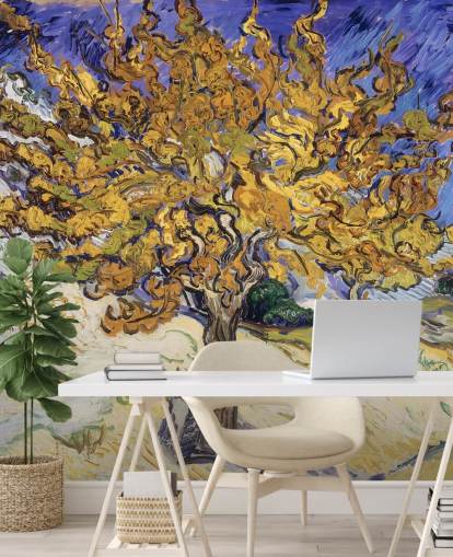 blaues und gelbes Kunsttapeten-Wandbild namens Mulberry Tree von Vincent van Gogh blaues und gelbes Kunsttapeten-Wandbild namens Mulberry Tree von Vincent van Gogh