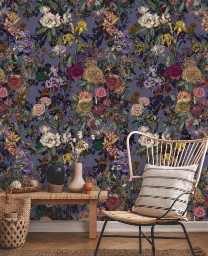 colourful floral pattern wall mural called Flower Garden Extra Purple by Karina Eibatova colourful floral pattern wall mural called Flower Garden Extra Purple by Karina Eibatova