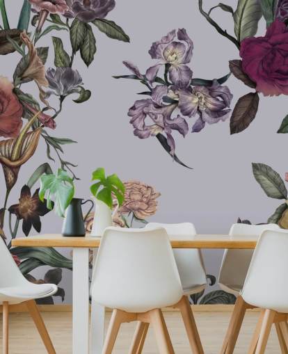 grått tilpassbart stort blomsterveggmaleri kalt Large Garden Blooms Grey av Karina Eibatova grått tilpassbart stort blomsterveggmaleri kalt Large Garden Blooms Grey av Karina Eibatova