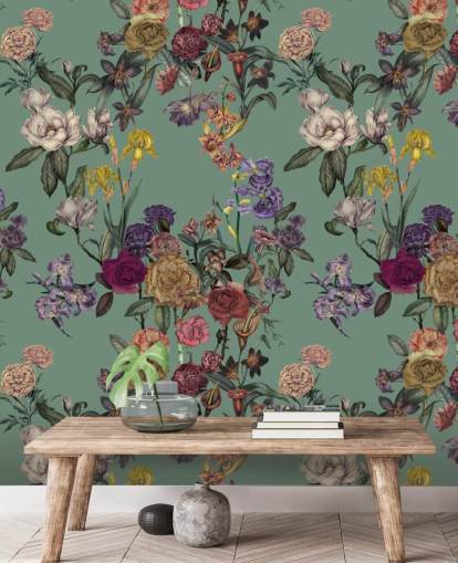 grøn tilpasselig blomstervægmaleri kaldet Dusty Green Flower Garden af Karina Eibatova grøn tilpasselig blomstervægmaleri kaldet Dusty Green Flower Garden af Karina Eibatova