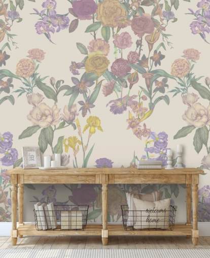 mural de parede bege com padrão floral personalizado chamado Light Beige Flower Garden de Karina Eibatova mural de parede bege com padrão floral personalizado chamado Light Beige Flower Garden de Karina Eibatova