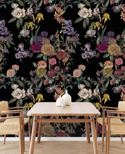 black customisable floral pattern wall mural called Obsidian Flower Garden by Karina Eibatova black customisable floral pattern wall mural called Obsidian Flower Garden by Karina Eibatova