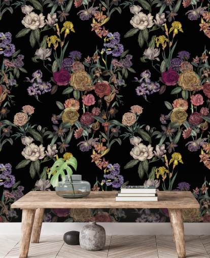 sort tilpasselig blomstermønster vægmaleri kaldet Obsidian Flower Garden af Karina Eibatova sort tilpasselig blomstermønster vægmaleri kaldet Obsidian Flower Garden af Karina Eibatova