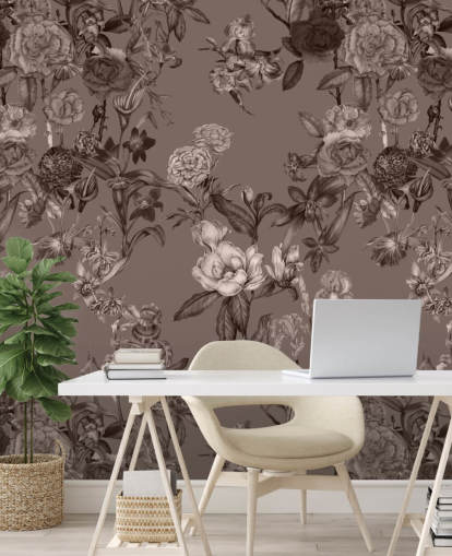sepia tilpasset blomstermønster veggmaleri kalt Sepia Flower Garden av Karina Eibatova for soverom og stuer sepia tilpasset blomstermønster veggmaleri kalt Sepia Flower Garden av Karina Eibatova for soverom og stuer