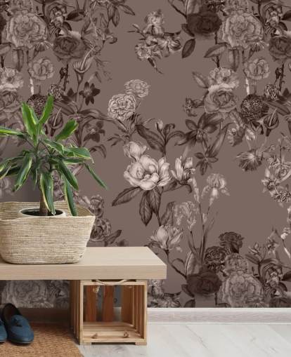 mural de padrão floral personalizado em sépia chamado Sepia Flower Garden, de Karina Eibatova, para quartos e salas de estar mural de padrão floral personalizado em sépia chamado Sepia Flower Garden, de Karina Eibatova, para quartos e salas de estar