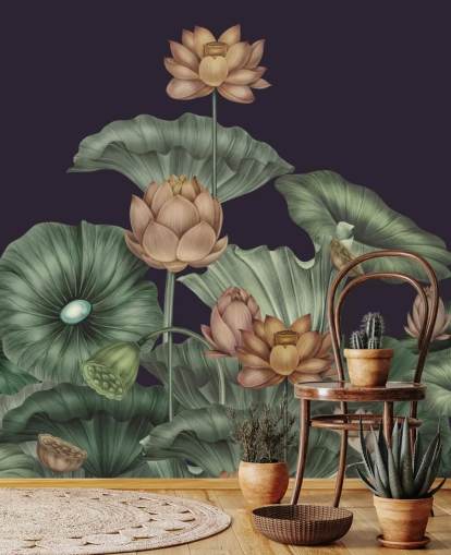 purple and green customisable floral wall mural called Dark Violet Lotus by Karina Eibatova for bedrooms purple and green customisable floral wall mural called Dark Violet Lotus by Karina Eibatova for bedrooms