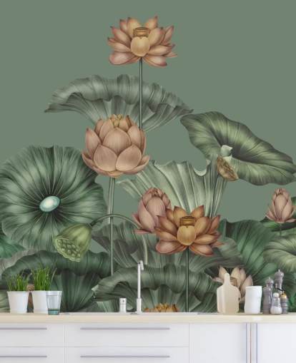 grön anpassningsbar lotus väggmålning kallad Green Lotus av Karina Eibatova för sovrum och kök grön anpassningsbar lotus väggmålning kallad Green Lotus av Karina Eibatova för sovrum och kök