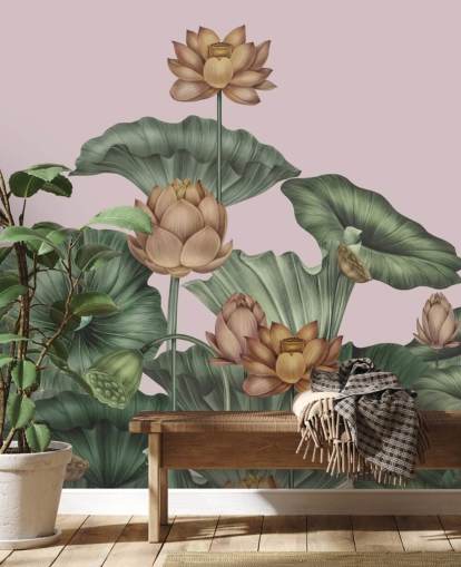 fresque murale personnalisable en forme de lotus vert et pêche appelée Peach Lotus par Karina Eibatova pour les salles à manger et les chambres fresque murale personnalisable en forme de lotus vert et pêche appelée Peach Lotus par Karina Eibatova pour les salles à manger et les chambres