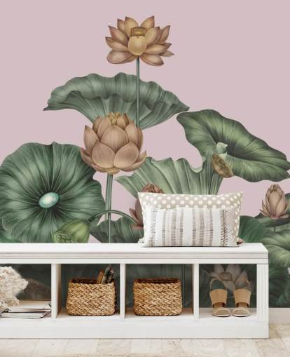 mural de parede de lótus personalizável em verde e pêssego chamado Peach Lotus de Karina Eibatova para salas de jantar e quartos mural de parede de lótus personalizável em verde e pêssego chamado Peach Lotus de Karina Eibatova para salas de jantar e quartos