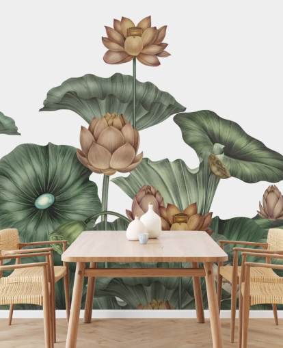 valkoinen ja vihreä muokattava lootuksen seinämaalaus nimeltä White Lotus, kirjoittanut Karina Eibatova valkoinen ja vihreä muokattava lootuksen seinämaalaus nimeltä White Lotus, kirjoittanut Karina Eibatova