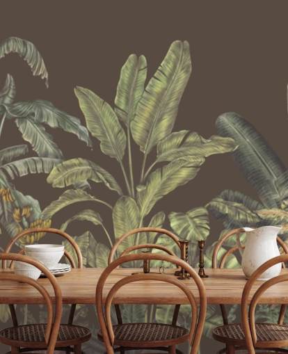 mural de parede de selva personalizado em verde e marrom chamado Jungle Canopy Brown de Karina Eibatova mural de parede de selva personalizado em verde e marrom chamado Jungle Canopy Brown de Karina Eibatova