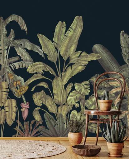 dunkelgrünes personalisierbares Wandbild mit Dschungelblättern namens Jungle Canopy Dark Green von Karina Eibatova dunkelgrünes personalisierbares Wandbild mit Dschungelblättern namens Jungle Canopy Dark Green von Karina Eibatova