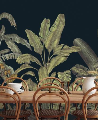 mørkegrøn tilpasselig jungleblade vægmaleri kaldet Jungle Canopy Dark Green af Karina Eibatova mørkegrøn tilpasselig jungleblade vægmaleri kaldet Jungle Canopy Dark Green af Karina Eibatova