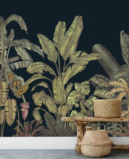 mural de parede de folhas de selva personalizáveis em verde escuro chamado Jungle Canopy Dark Green de Karina Eibatova mural de parede de folhas de selva personalizáveis em verde escuro chamado Jungle Canopy Dark Green de Karina Eibatova