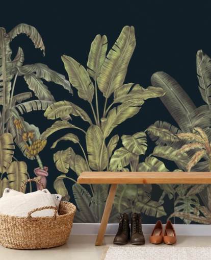 mural de parede de folhas de selva personalizáveis em verde escuro chamado Jungle Canopy Dark Green de Karina Eibatova mural de parede de folhas de selva personalizáveis em verde escuro chamado Jungle Canopy Dark Green de Karina Eibatova