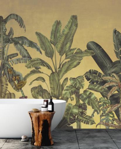 grønne og gulltilpassede jungelblader veggmaleri kalt Jungle Canopy Gold av Karina Eibatova grønne og gulltilpassede jungelblader veggmaleri kalt Jungle Canopy Gold av Karina Eibatova