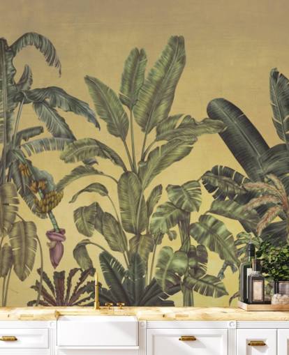 green and gold customisable jungle leaves wall mural called Jungle Canopy Gold by Karina Eibatova green and gold customisable jungle leaves wall mural called Jungle Canopy Gold by Karina Eibatova