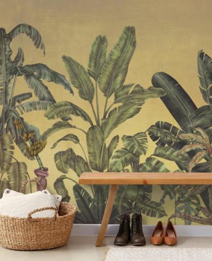 Personalisierbares Wandbild mit Dschungelblättern in Grün und Gold namens Jungle Canopy Gold von Karina Eibatova Personalisierbares Wandbild mit Dschungelblättern in Grün und Gold namens Jungle Canopy Gold von Karina Eibatova