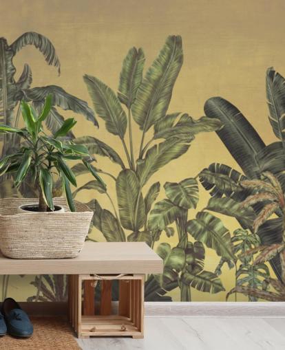 green and gold customisable jungle leaves wall mural called Jungle Canopy Gold by Karina Eibatova green and gold customisable jungle leaves wall mural called Jungle Canopy Gold by Karina Eibatova