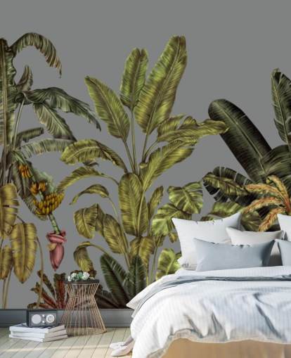 grön anpassad djungel väggmålning som heter Jungle Canopy Green av Karina Eibatova för sovrum och vardagsrum grön anpassad djungel väggmålning som heter Jungle Canopy Green av Karina Eibatova för sovrum och vardagsrum