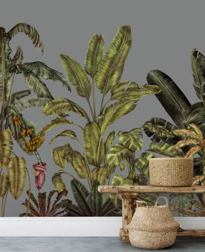 grøn brugerdefineret jungle vægmaleri kaldet Jungle Canopy Green af Karina Eibatova til soveværelser og stuer grøn brugerdefineret jungle vægmaleri kaldet Jungle Canopy Green af Karina Eibatova til soveværelser og stuer