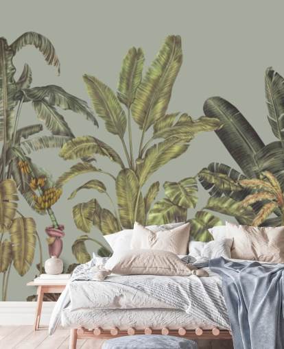 grön anpassningsbar djungel väggmålning som heter Jungle Canopy Mint av Karina Eibatova grön anpassningsbar djungel väggmålning som heter Jungle Canopy Mint av Karina Eibatova