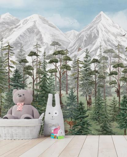 mural de pared infantil personalizable llamado Mountain Forest de Kikki Belle para dormitorios mural de pared infantil personalizable llamado Mountain Forest de Kikki Belle para dormitorios