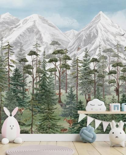 mural de parede infantil personalizável chamado Mountain Forest de Kikki Belle para quartos mural de parede infantil personalizável chamado Mountain Forest de Kikki Belle para quartos