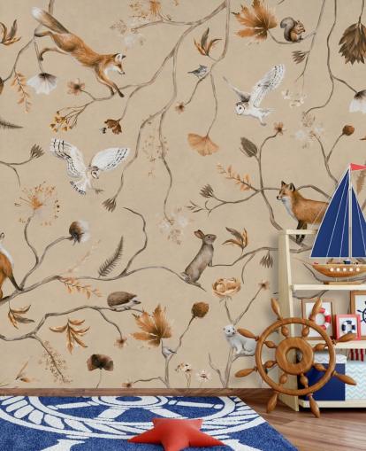 anpassningsbar barnskog tapetväggmålning som heter Playful Forest - Beige av Kikki Belle anpassningsbar barnskog tapetväggmålning som heter Playful Forest - Beige av Kikki Belle