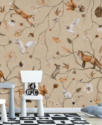 customisable kids forest wallpaper mural called Playful Forest - Beige by Kikki Belle customisable kids forest wallpaper mural called Playful Forest - Beige by Kikki Belle