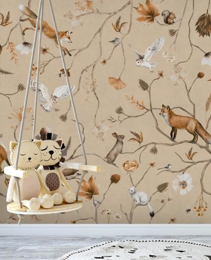 mural de papel pintado infantil personalizable llamado Playful Forest - Beige de Kikki Belle mural de papel pintado infantil personalizable llamado Playful Forest - Beige de Kikki Belle