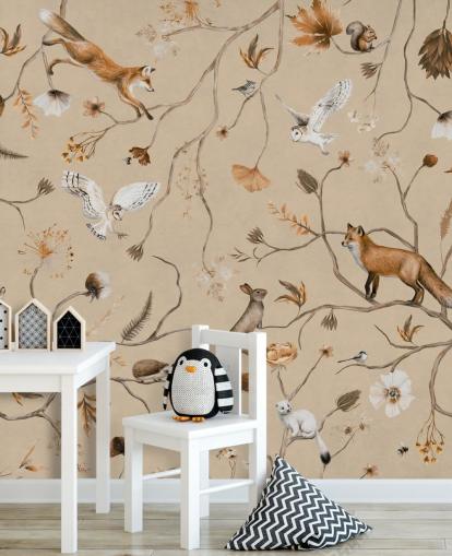 anpassningsbar barnskog tapetväggmålning som heter Playful Forest - Beige av Kikki Belle anpassningsbar barnskog tapetväggmålning som heter Playful Forest - Beige av Kikki Belle