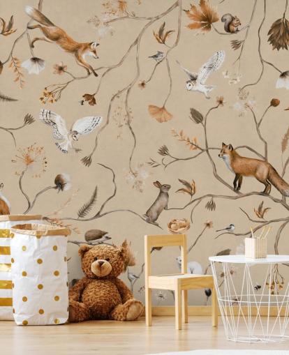 mural de papel pintado infantil personalizable llamado Playful Forest - Beige de Kikki Belle mural de papel pintado infantil personalizable llamado Playful Forest - Beige de Kikki Belle