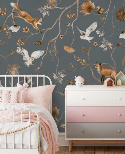 fresque murale personnalisée en forme d'animal pour enfants appelée Playful Forest - Blue par Kikki Belle pour les chambres d'enfants fresque murale personnalisée en forme d'animal pour enfants appelée Playful Forest - Blue par Kikki Belle pour les chambres d'enfants
