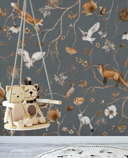 mural de parede de animais infantis personalizado chamado Playful Forest - Blue de Kikki Belle para quartos infantis mural de parede de animais infantis personalizado chamado Playful Forest - Blue de Kikki Belle para quartos infantis