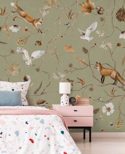 green customisable kids forest wallpaper mural called Playful Forest - Green by Kikki Belle green customisable kids forest wallpaper mural called Playful Forest - Green by Kikki Belle
