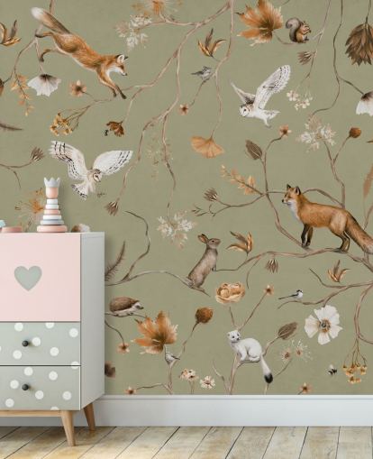 green customisable kids forest wallpaper mural called Playful Forest - Green by Kikki Belle green customisable kids forest wallpaper mural called Playful Forest - Green by Kikki Belle
