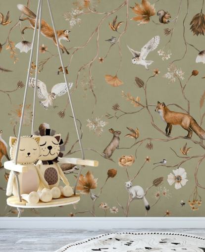 green customisable kids forest wallpaper mural called Playful Forest - Green by Kikki Belle green customisable kids forest wallpaper mural called Playful Forest - Green by Kikki Belle