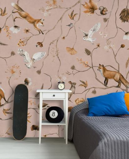 pink customisable forest animals wall mural called Playful Forest - Pink by Kikki Belle pink customisable forest animals wall mural called Playful Forest - Pink by Kikki Belle