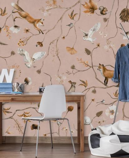 pink customisable forest animals wall mural called Playful Forest - Pink by Kikki Belle pink customisable forest animals wall mural called Playful Forest - Pink by Kikki Belle