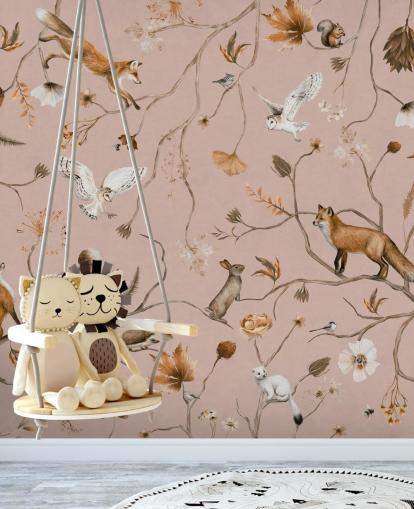 mural de pared rosa personalizable de animales del bosque llamado Playful Forest - Pink de Kikki Belle mural de pared rosa personalizable de animales del bosque llamado Playful Forest - Pink de Kikki Belle