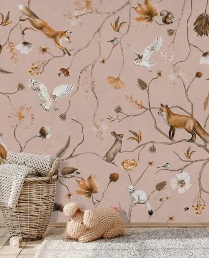 mural de pared rosa personalizable de animales del bosque llamado Playful Forest - Pink de Kikki Belle mural de pared rosa personalizable de animales del bosque llamado Playful Forest - Pink de Kikki Belle