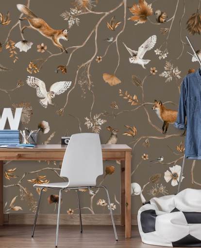 mural de parede florestal infantil personalizável marrom chamado Playful Forest - Taupe de Kikki Belle mural de parede florestal infantil personalizável marrom chamado Playful Forest - Taupe de Kikki Belle