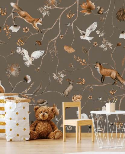 brown customisable kids forest wall mural called Playful Forest - Taupe by Kikki Belle brown customisable kids forest wall mural called Playful Forest - Taupe by Kikki Belle