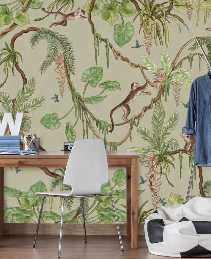 green customisable nursery wall mural called Playful Monkeys - Green by Kikki Belle green customisable nursery wall mural called Playful Monkeys - Green by Kikki Belle