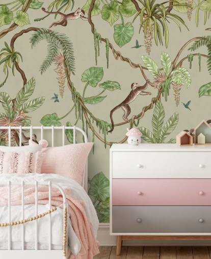 mural de parede de berçário personalizável verde chamado Playful Monkeys - Green de Kikki Belle mural de parede de berçário personalizável verde chamado Playful Monkeys - Green de Kikki Belle